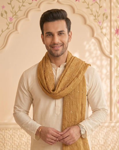 Floral Self Embroidered Chanderi Cotton Dupatta for Men | Sand Beige - view 4