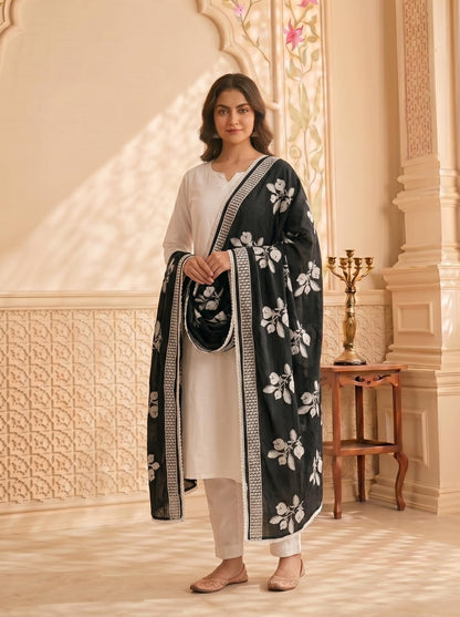 Pure Cotton Floral Embroidered Dupatta for Women | Black