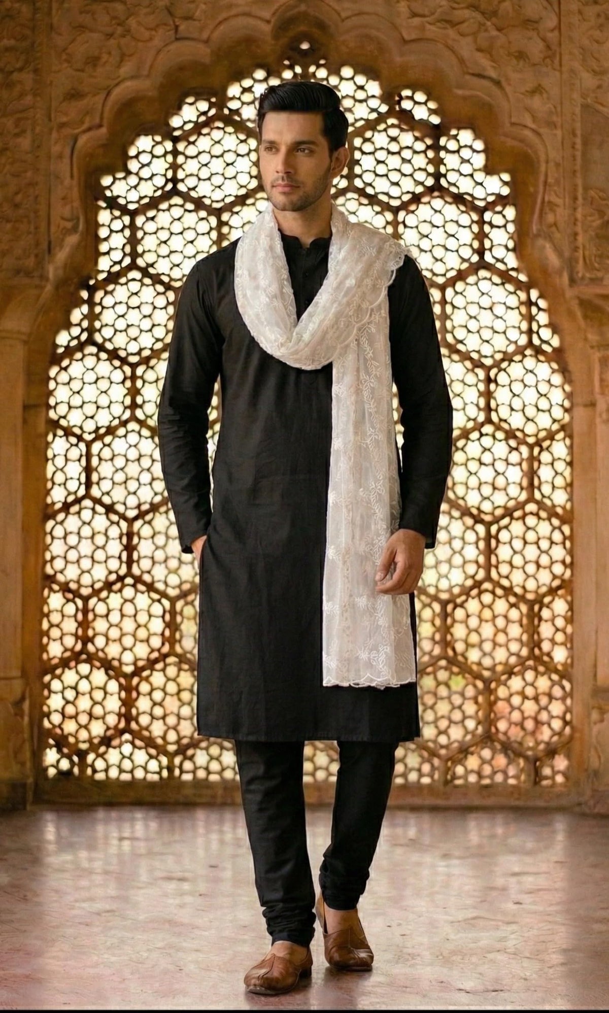 Net Dupatta for Men | White - view 2