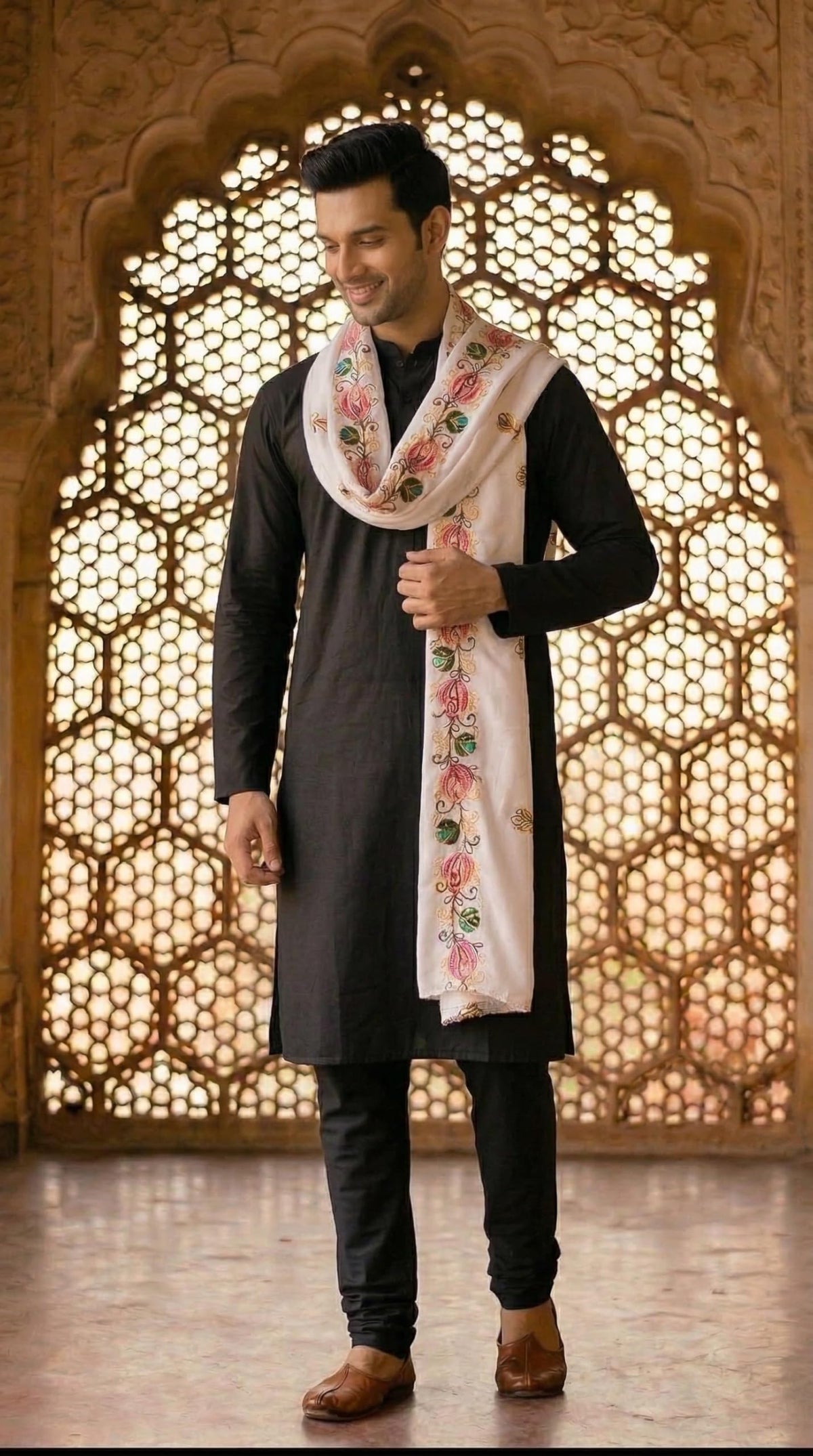Rayon Floral Embroidery Dupatta for Men | White - view 3