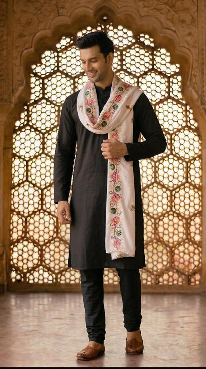 Rayon Floral Embroidery Dupatta for Men | White - view 3