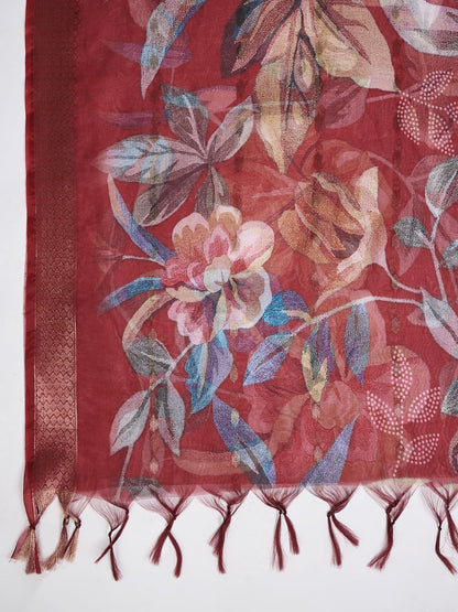 Floral Print Dupatta for Men with Zari Border | Maroon - view 4