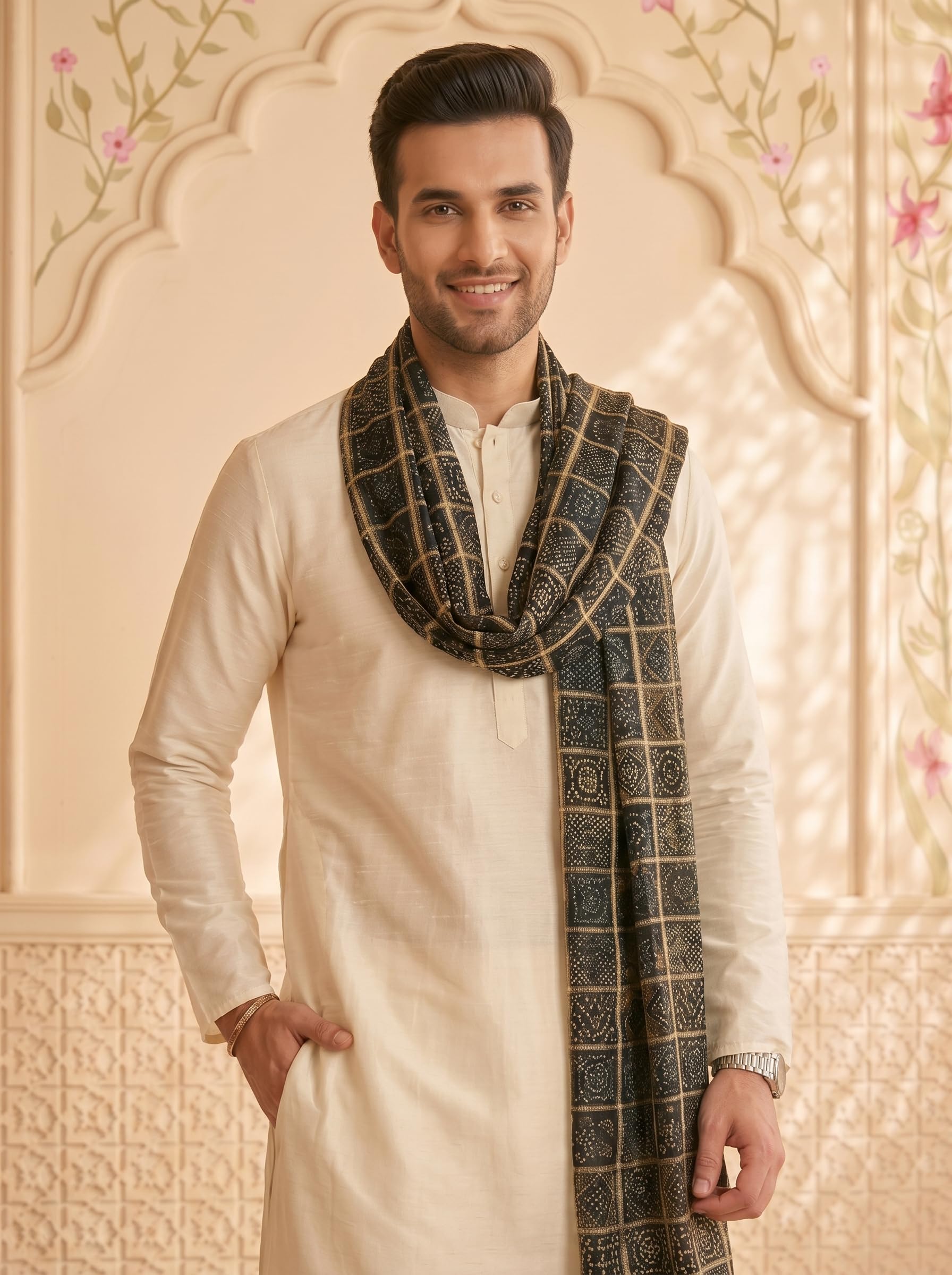 Chinnon Bandhani Dupatta for Men | Black