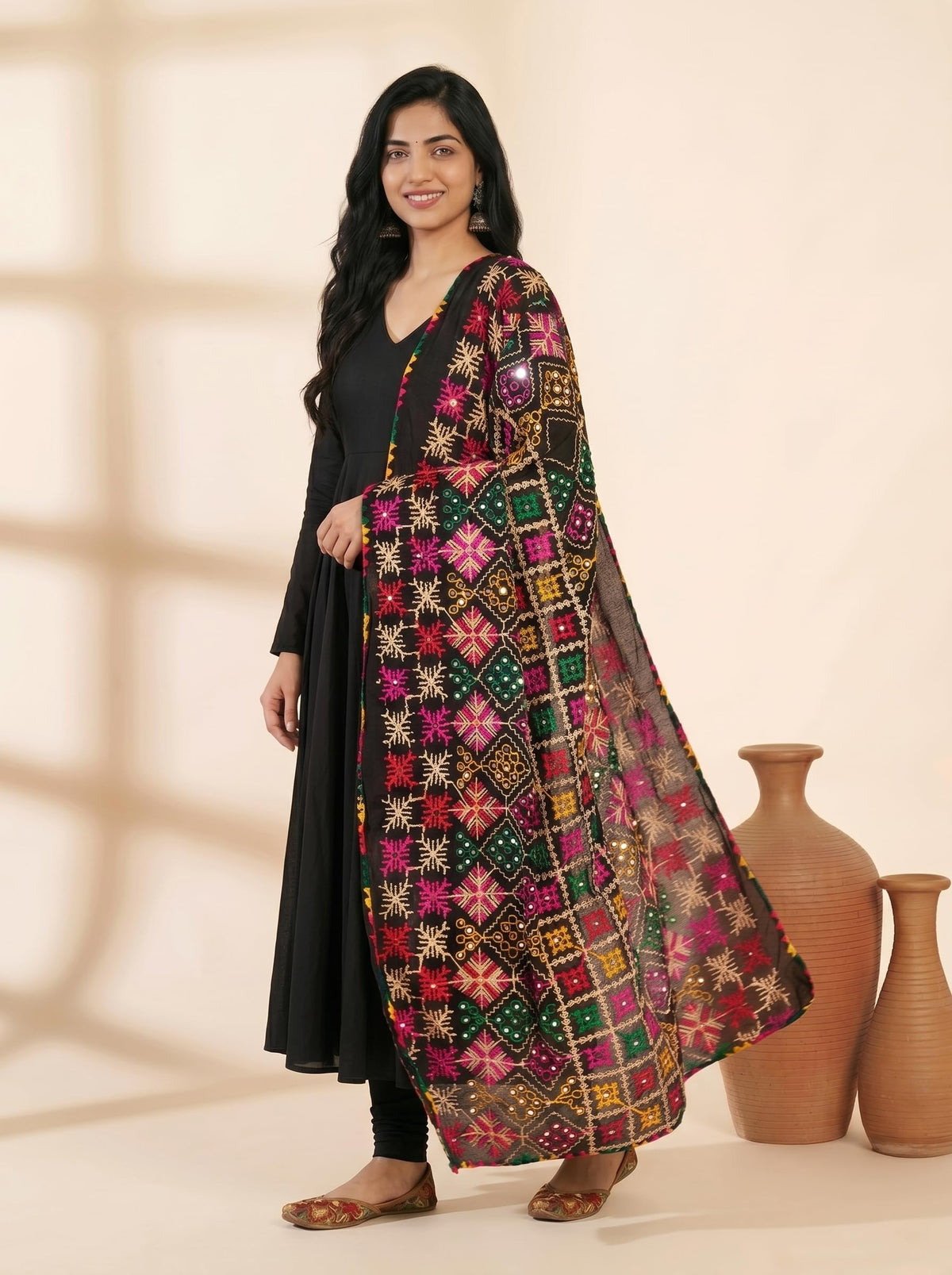 Pure Cotton Phulkari Embroidered Dupatta for Women | Black - view 5