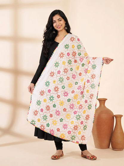 Pure Cotton Phulkari Embroidered Dupatta for Women | White