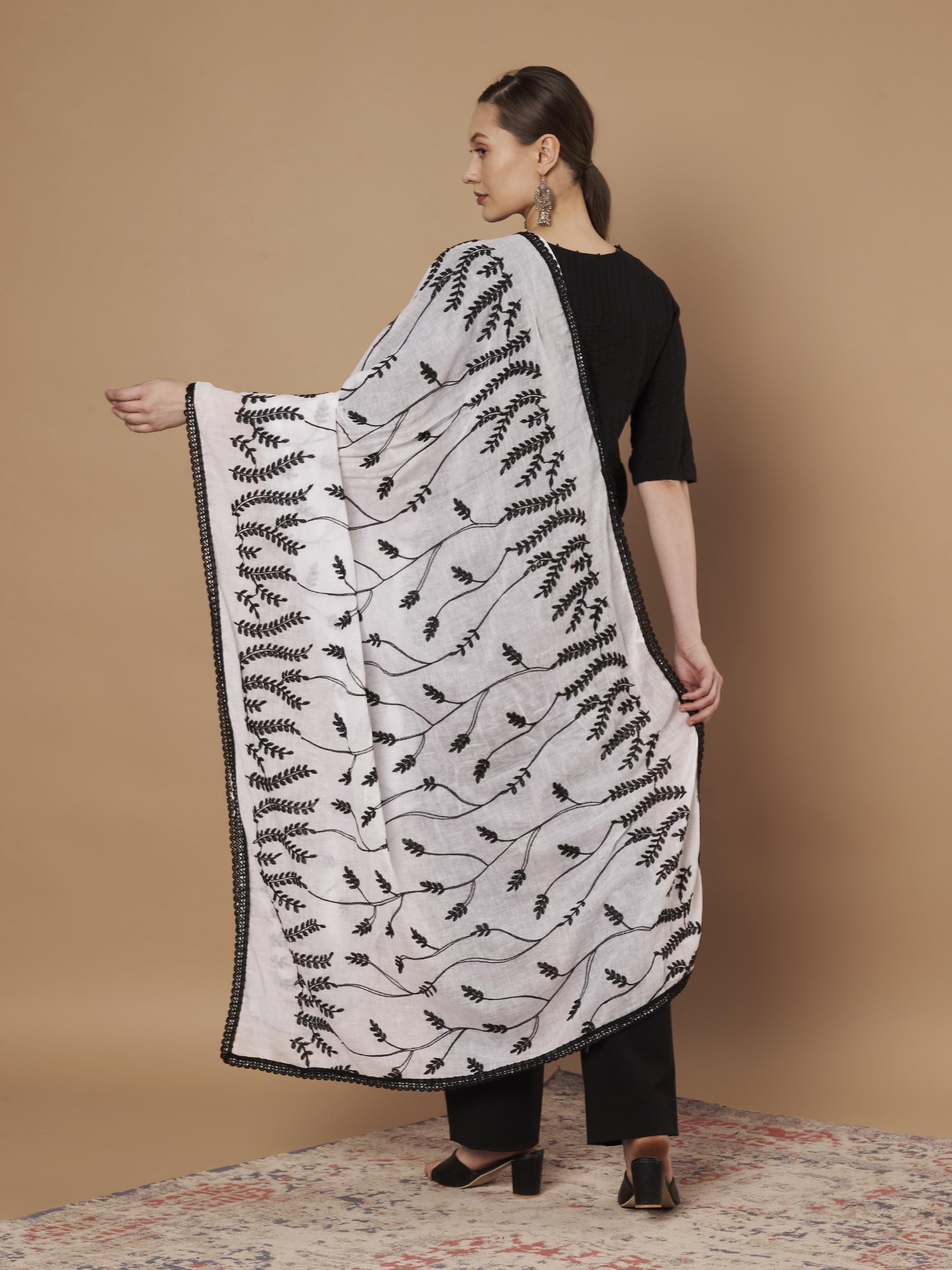 Pure Cotton Embroidery Leaf Dupatta for Women | White