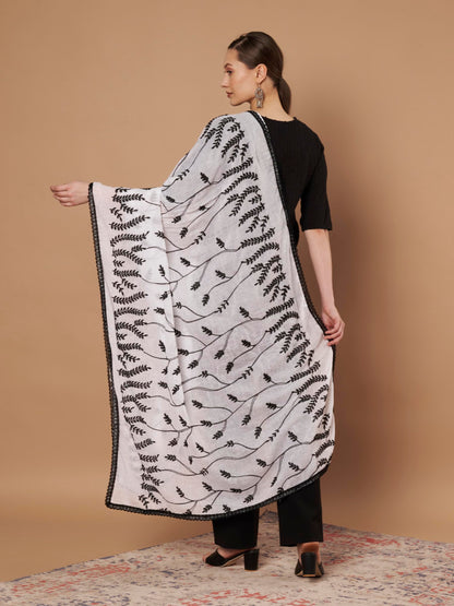 Pure Cotton Embroidery Leaf Dupatta for Women | White