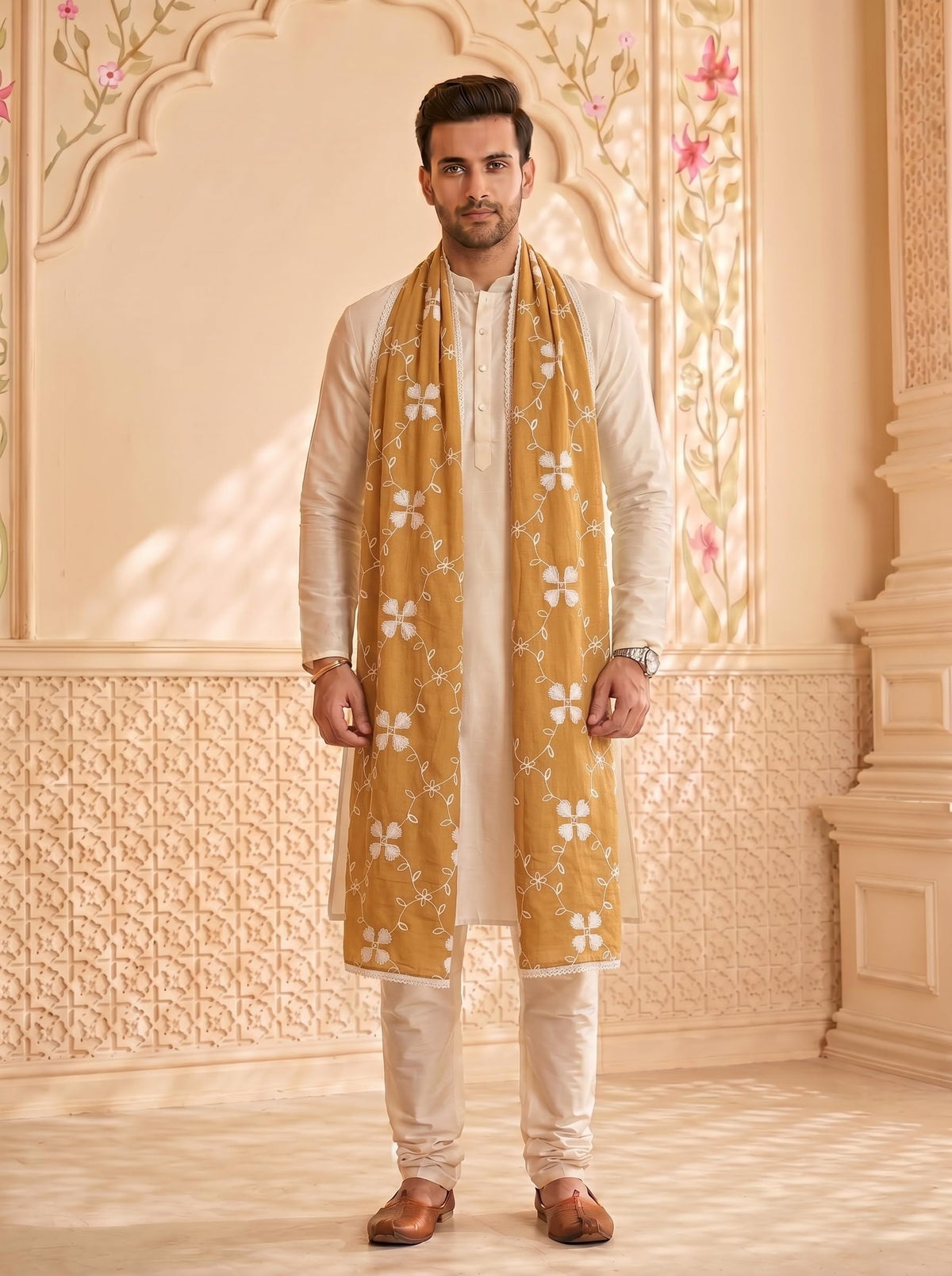 Pure Cotton Self Embroidery Dupatta for Men | Sand Beige - view 2