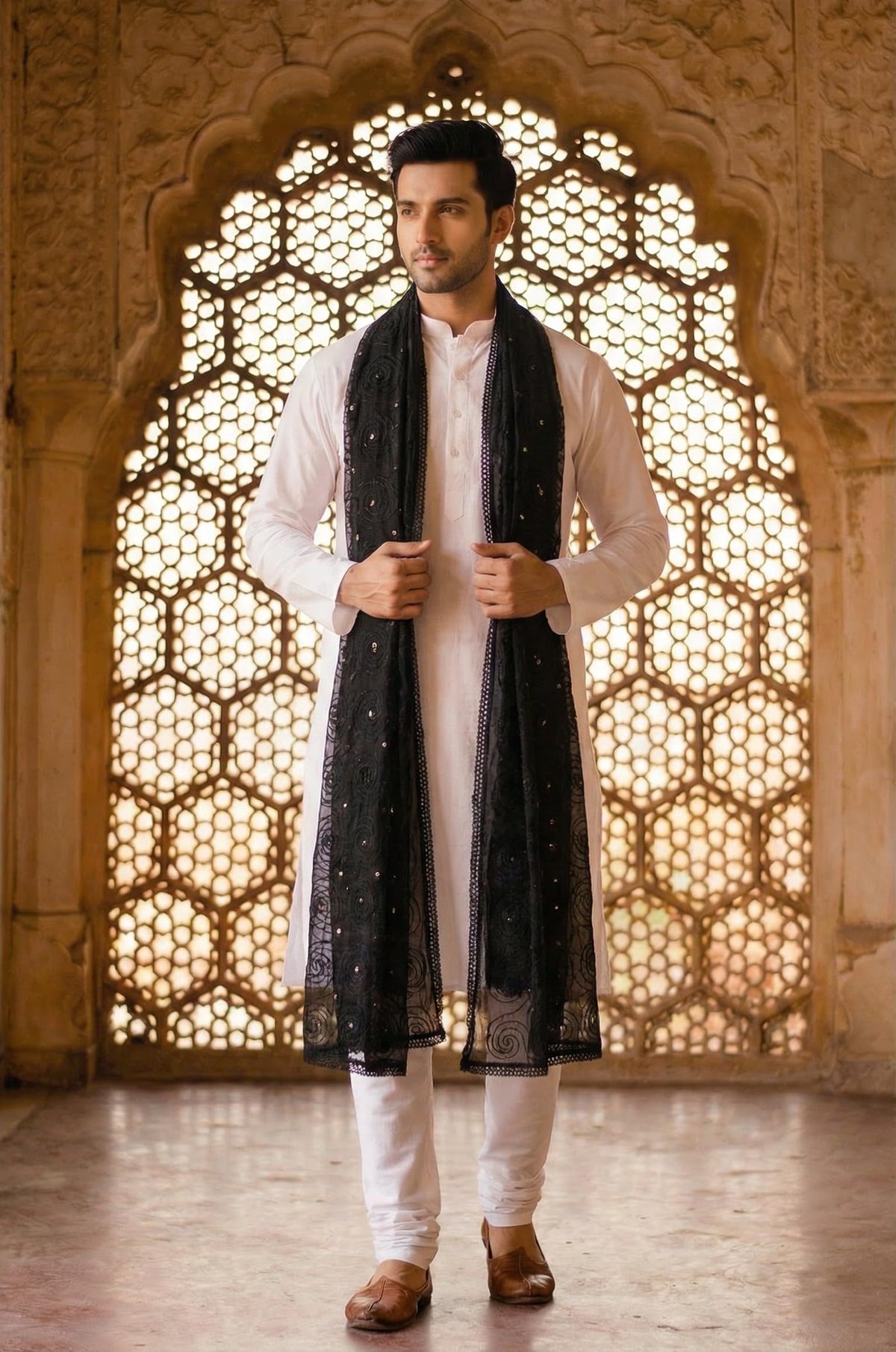Pure Cotton Ethnic Dupatta for Men | Black
