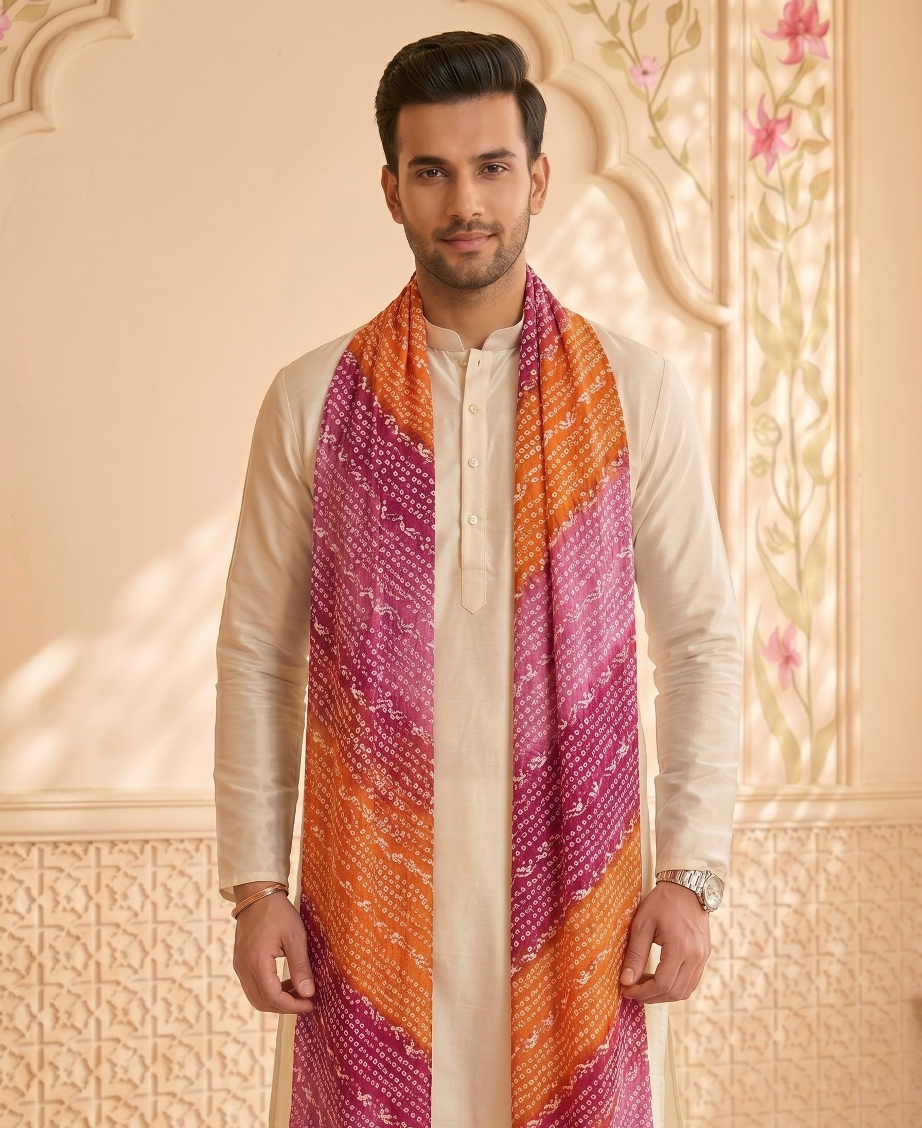 Chinnon Bandhani Dupatta for Men | Pink Orange - view 4