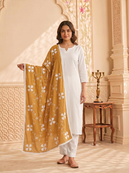 Pure Cotton Floral Embroidery Dupatta for Women | Sand Beige