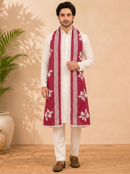 Pure Cotton Floral Embroidered Dupatta for Men | Pink - view 2