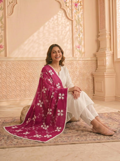 Pure Cotton Floral Embroidery Dupatta for Women | Pink - view 6