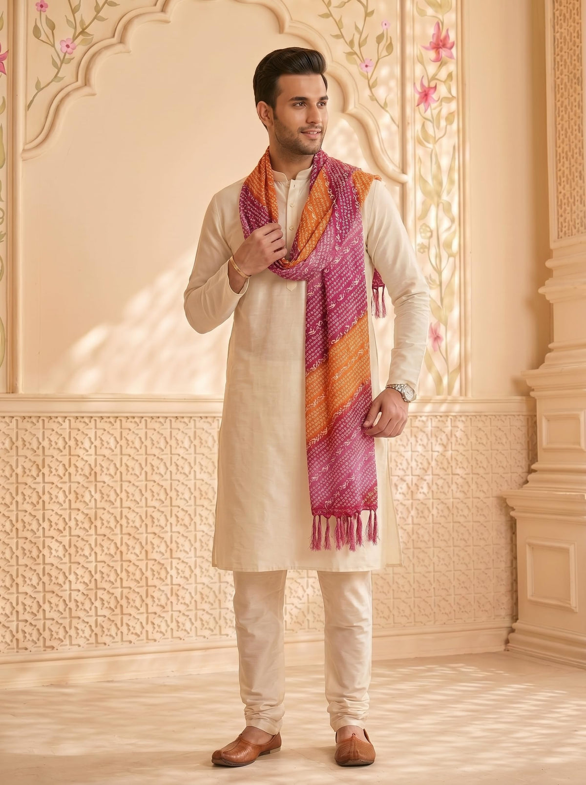 Chinnon Bandhani Dupatta for Men | Pink Orange - view 5