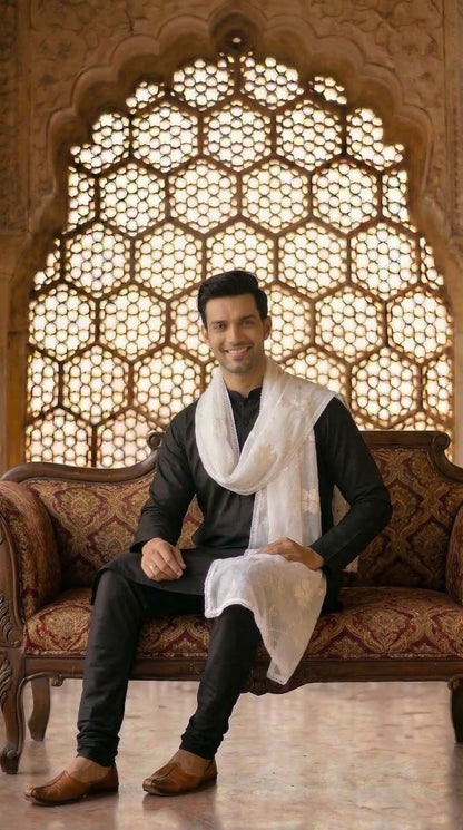 Pure Cotton Self Embroidery Dupatta for Men | White - view 4