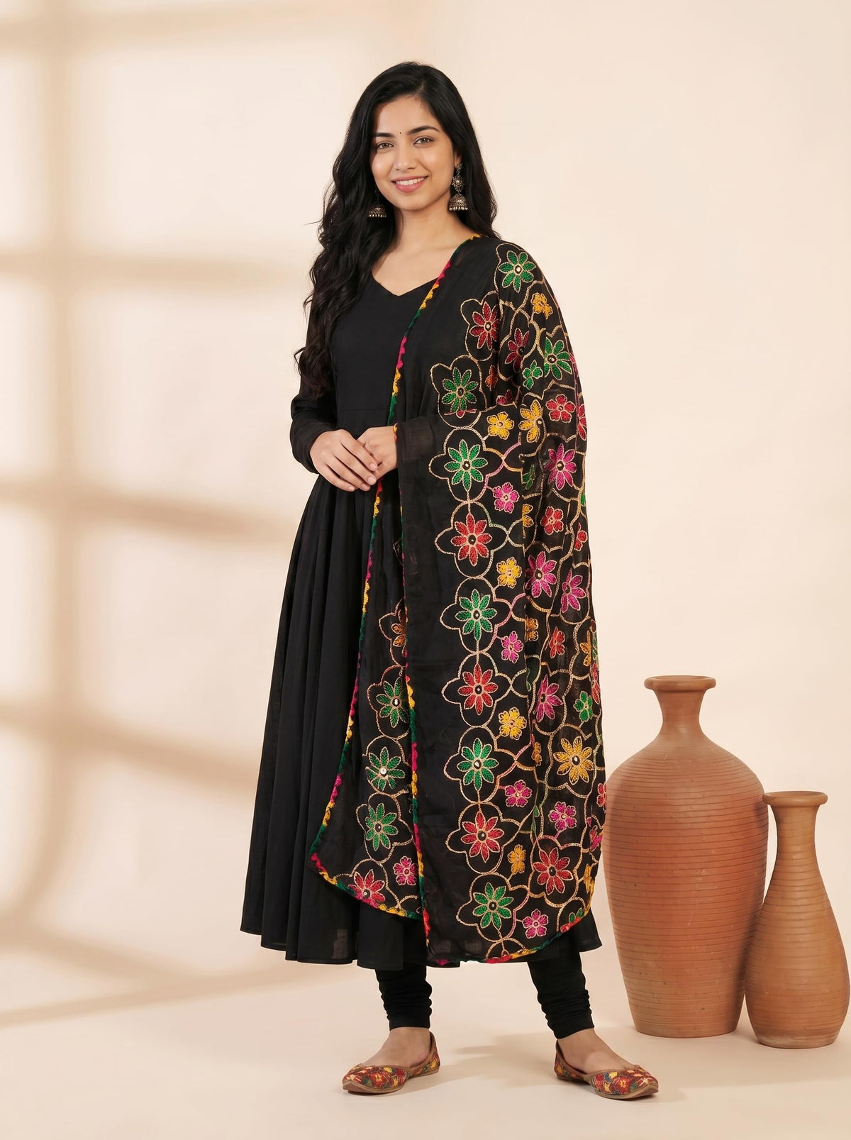 Pure Cotton Phulkari Embroidered Dupatta for Women | Black - view 4