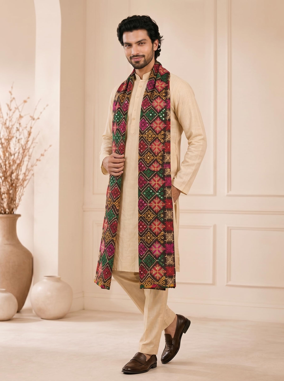 Pure Cotton Embroidered Phulkari Dupatta for Men | Black - view 4