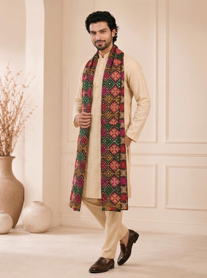 Pure Cotton Embroidered Phulkari Dupatta for Men | Black - view 4