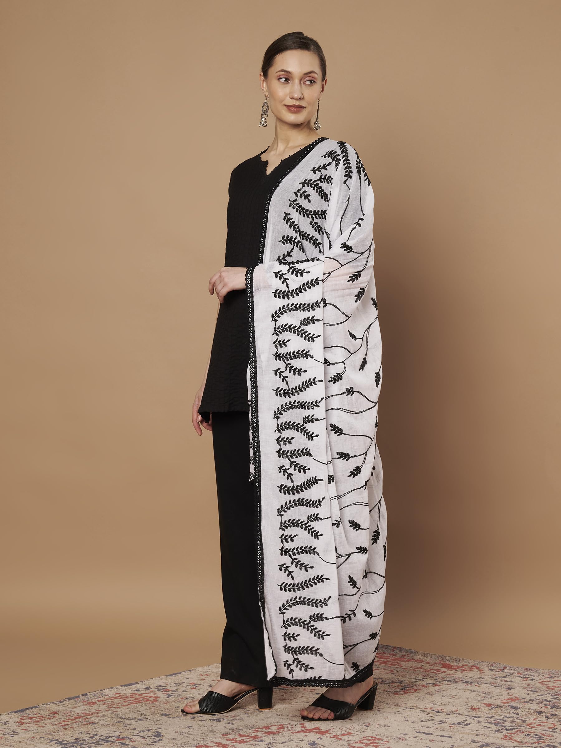 Pure Cotton Embroidery Leaf Dupatta for Women | White - view 3