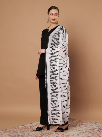 Pure Cotton Embroidery Leaf Dupatta for Women | White - view 3