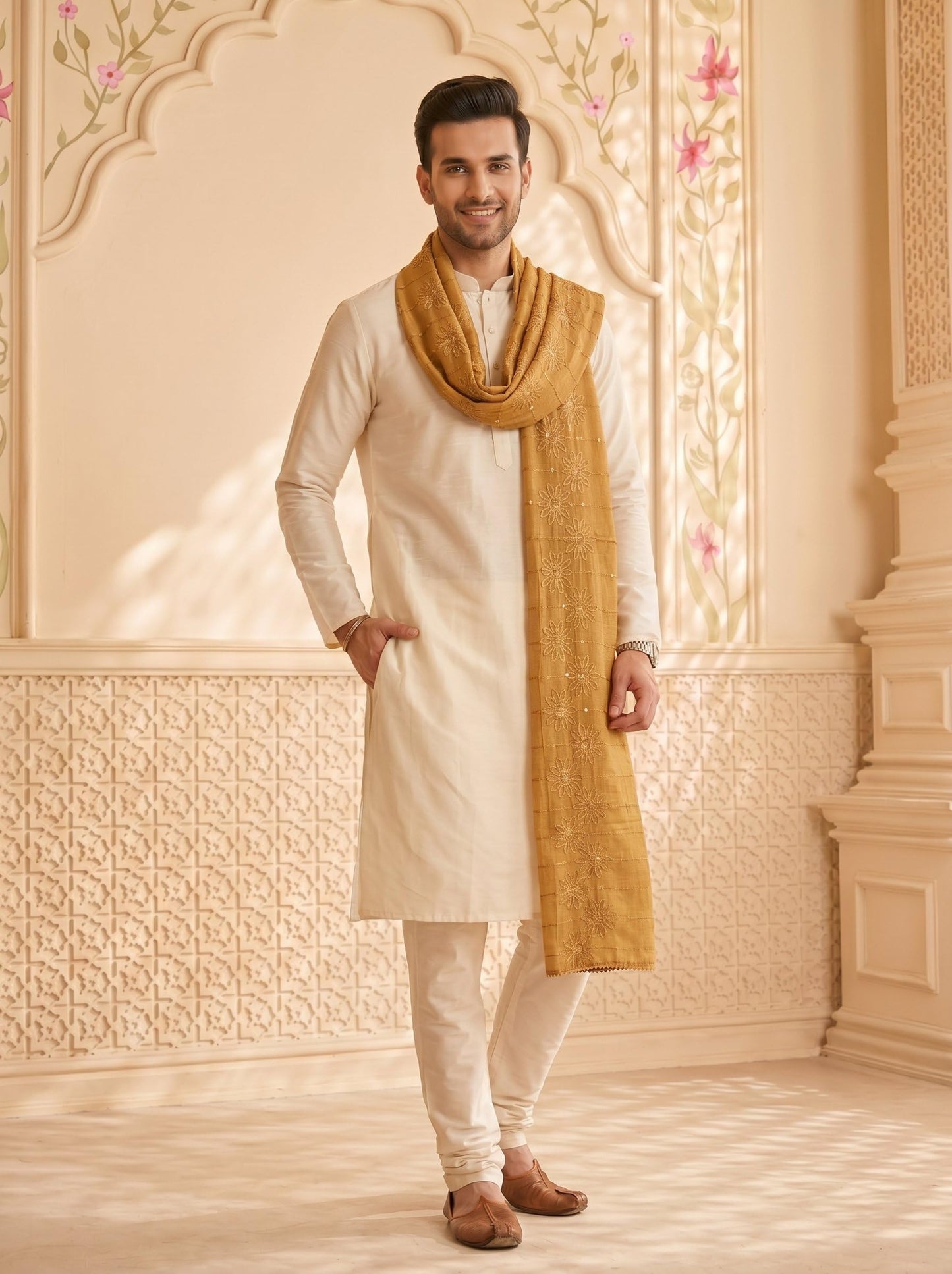 Floral Self Embroidered Chanderi Cotton Dupatta for Men | Sand Beige - view 5