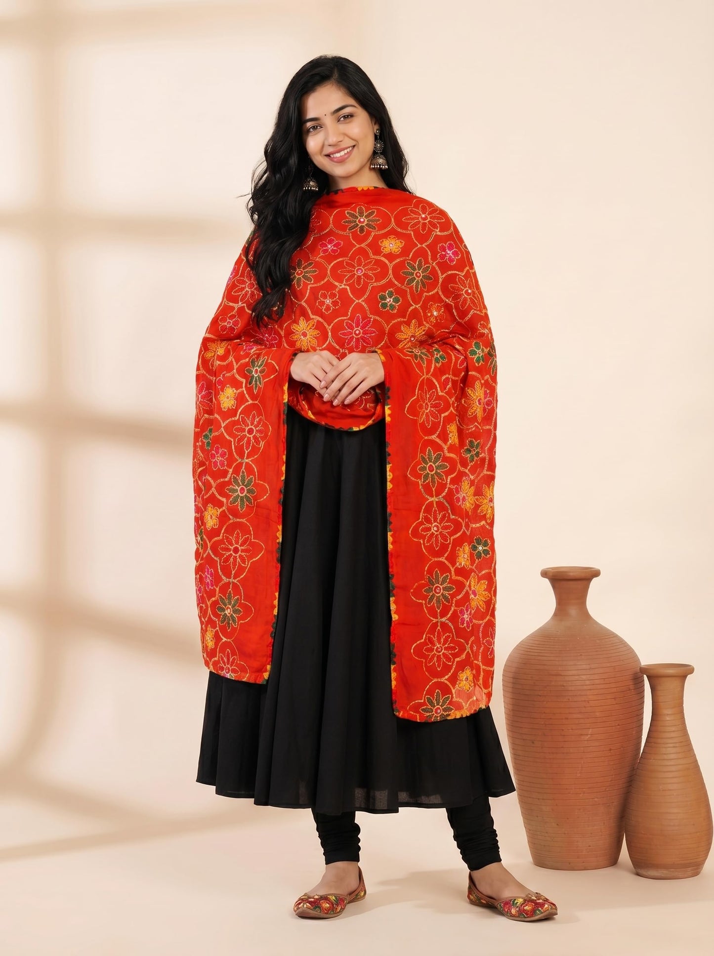 Pure Cotton Phulkari Embroidered Dupatta for Women | Red