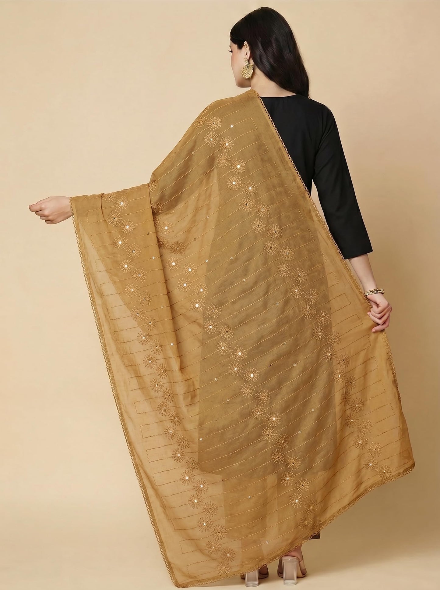 Floral Self Embroidered Chanderi Cotton Dupatta for Women | Sand Beige - view 2