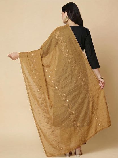 Floral Self Embroidered Chanderi Cotton Dupatta for Women | Sand Beige - view 2