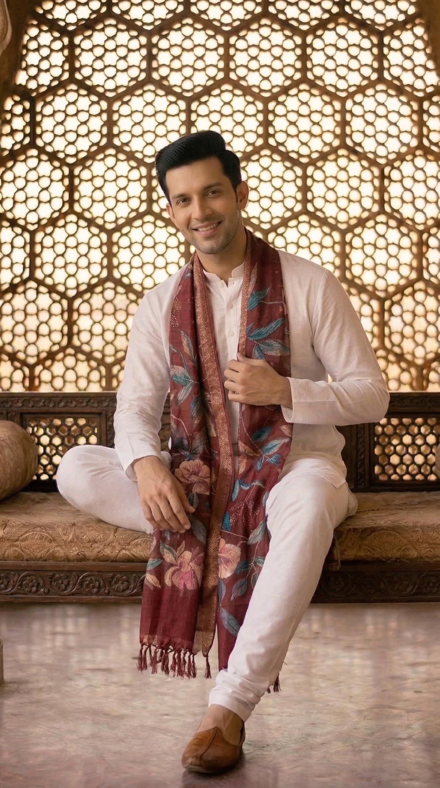 Floral Print Dupatta for Men with Zari Border | Maroon - view 3