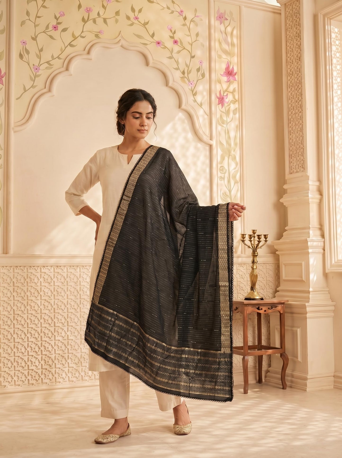 Zari Woven Chanderi Cotton Dupatta for Women | Black