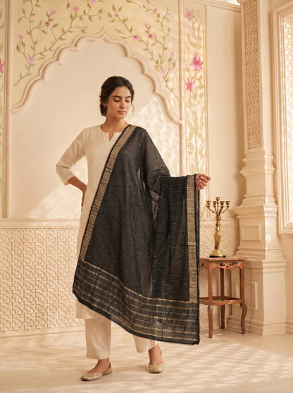 Zari Woven Chanderi Cotton Dupatta for Women | Black