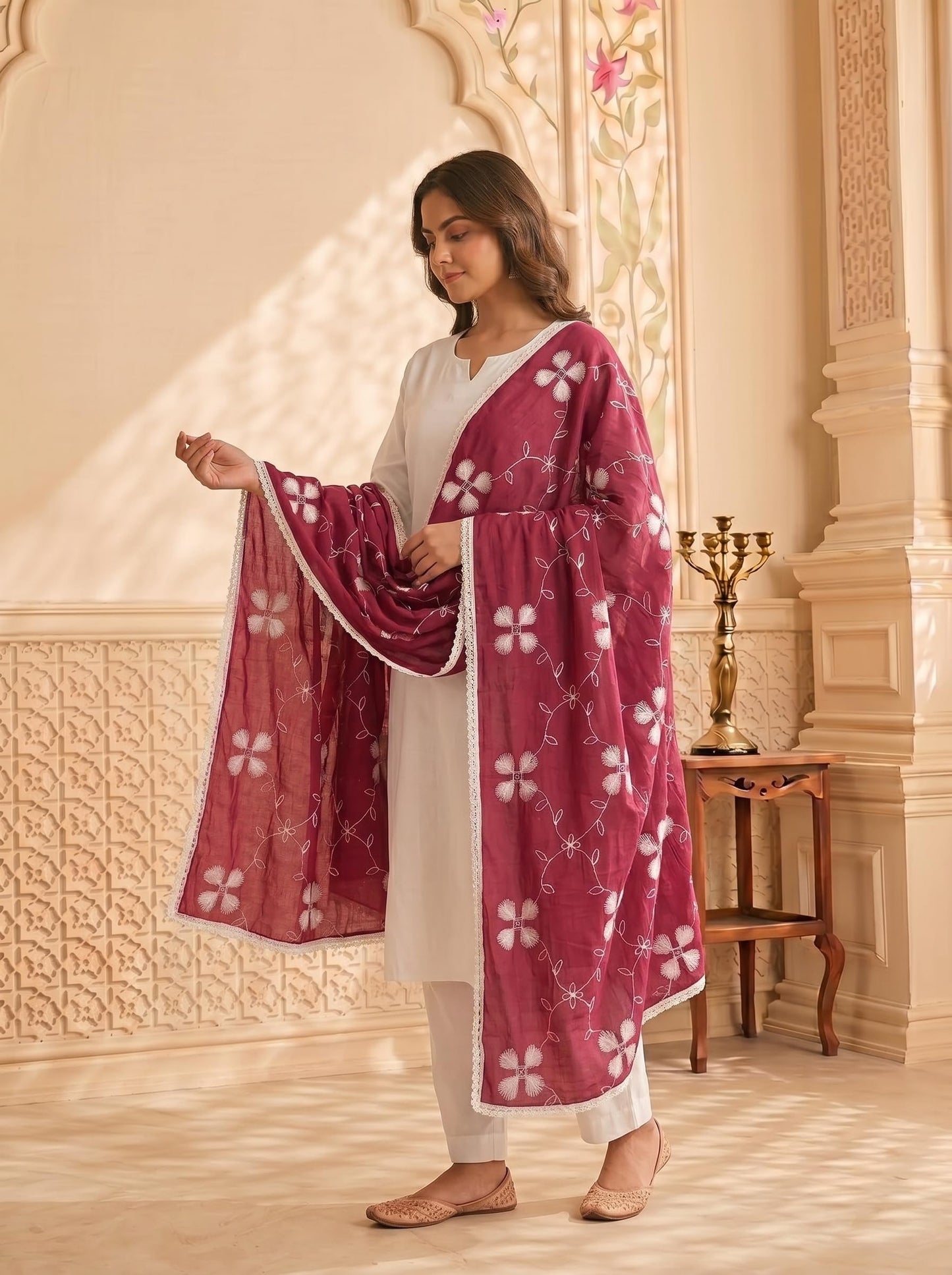 Pure Cotton Floral Embroidery Dupatta for Women | Pink - view 3