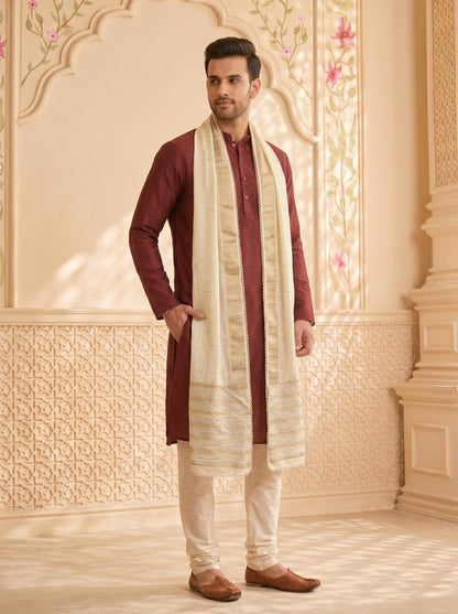 Zari Woven Chanderi Cotton Dupatta for Men | Off White