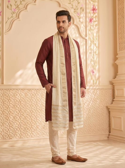 Zari Woven Chanderi Cotton Dupatta for Men | Off White