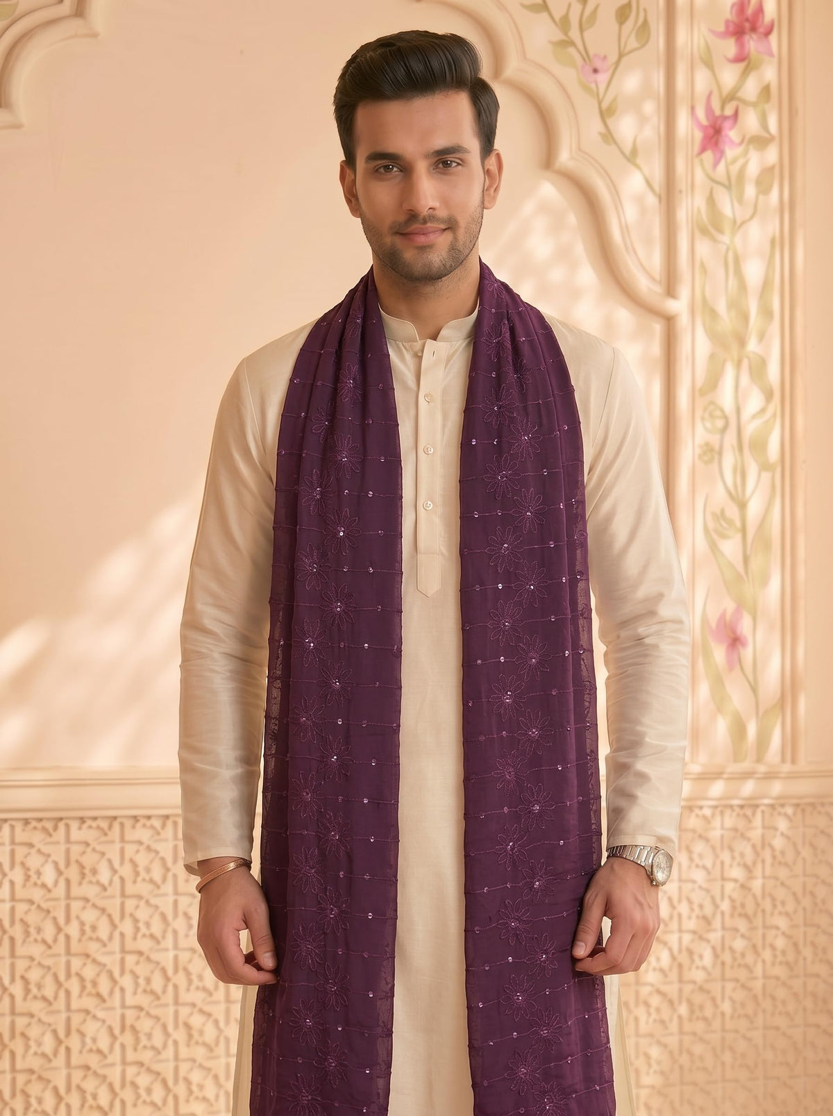 Floral Self Embroidered Chanderi Cotton Dupatta for Men | Purple - view 3