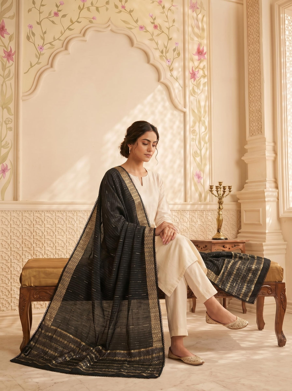 Zari Woven Chanderi Cotton Dupatta for Women | Black - view 3
