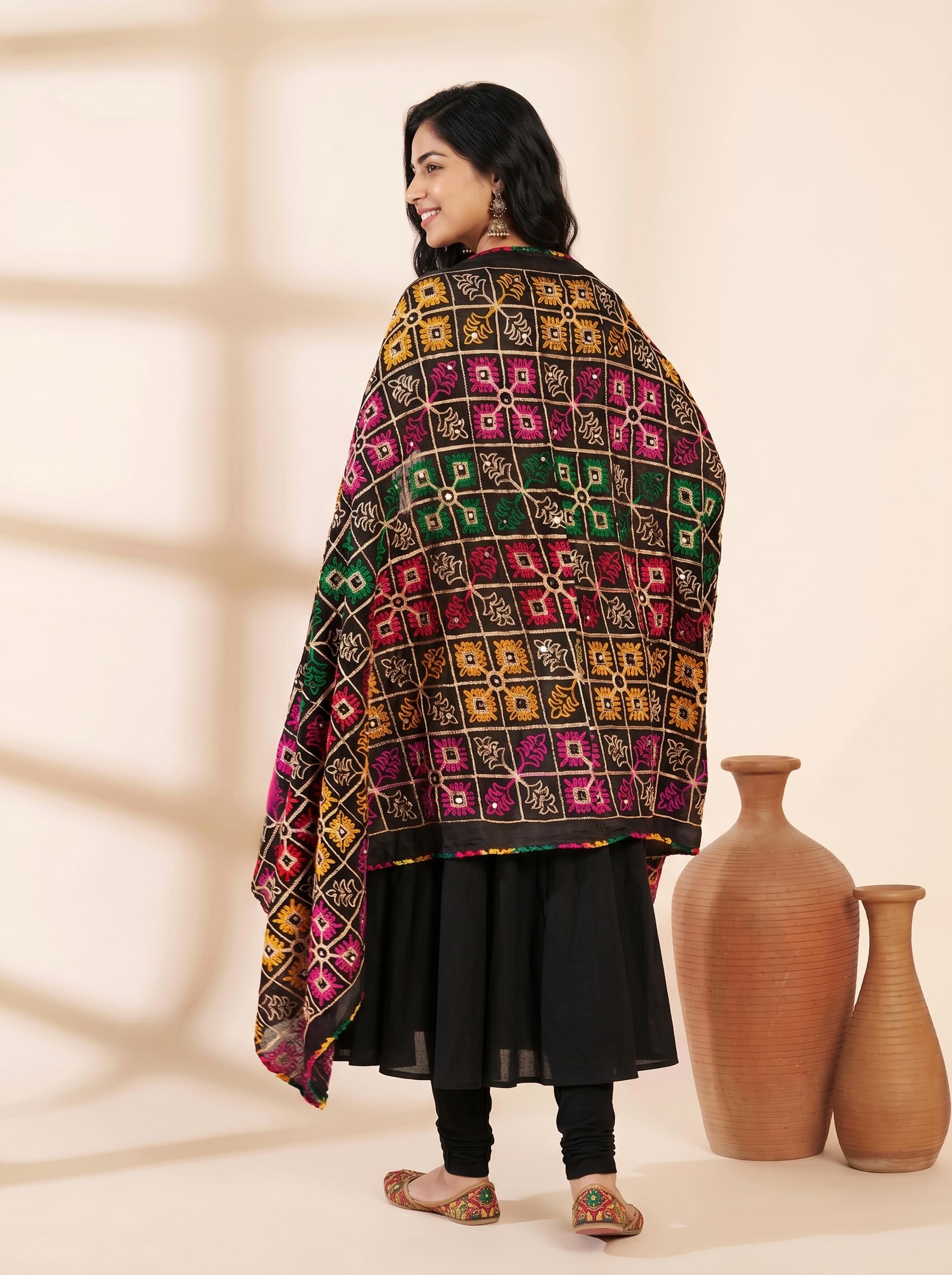Pure Cotton Phulkari Embroidered Dupatta for Women | Black - view 3