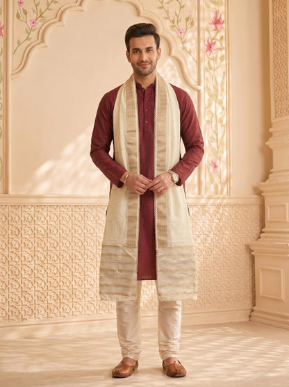 Zari Woven Chanderi Cotton Dupatta for Men | Off White - view 5
