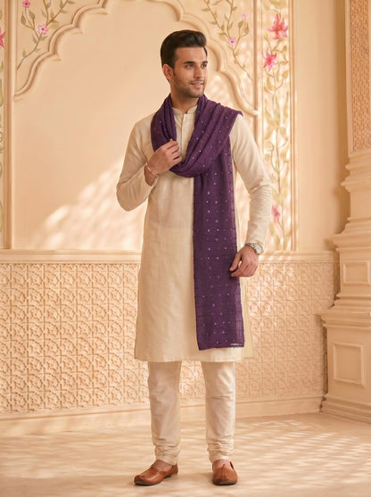 Floral Self Embroidered Chanderi Cotton Dupatta for Men | Purple - view 4