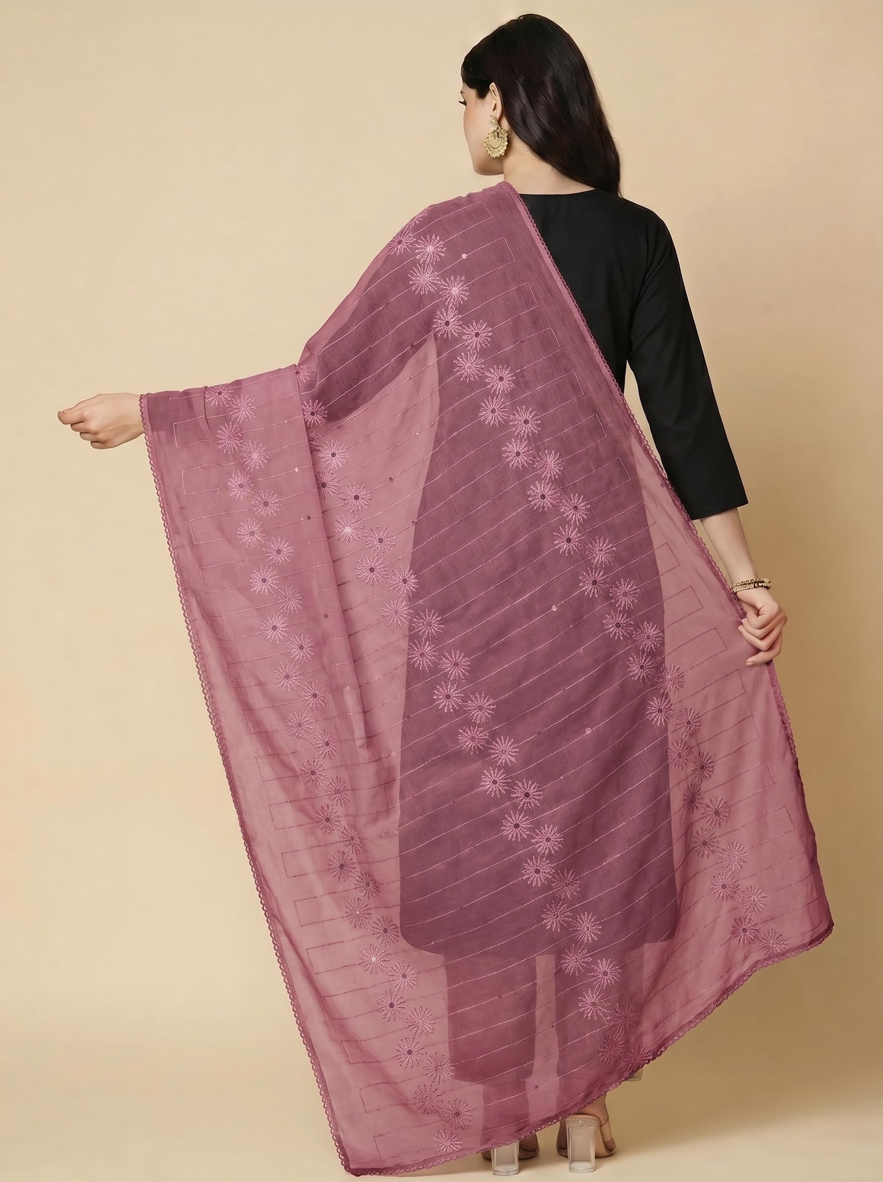 Floral Self Embroidered Chanderi Cotton Dupatta for Women | Dusty Pink - view 2