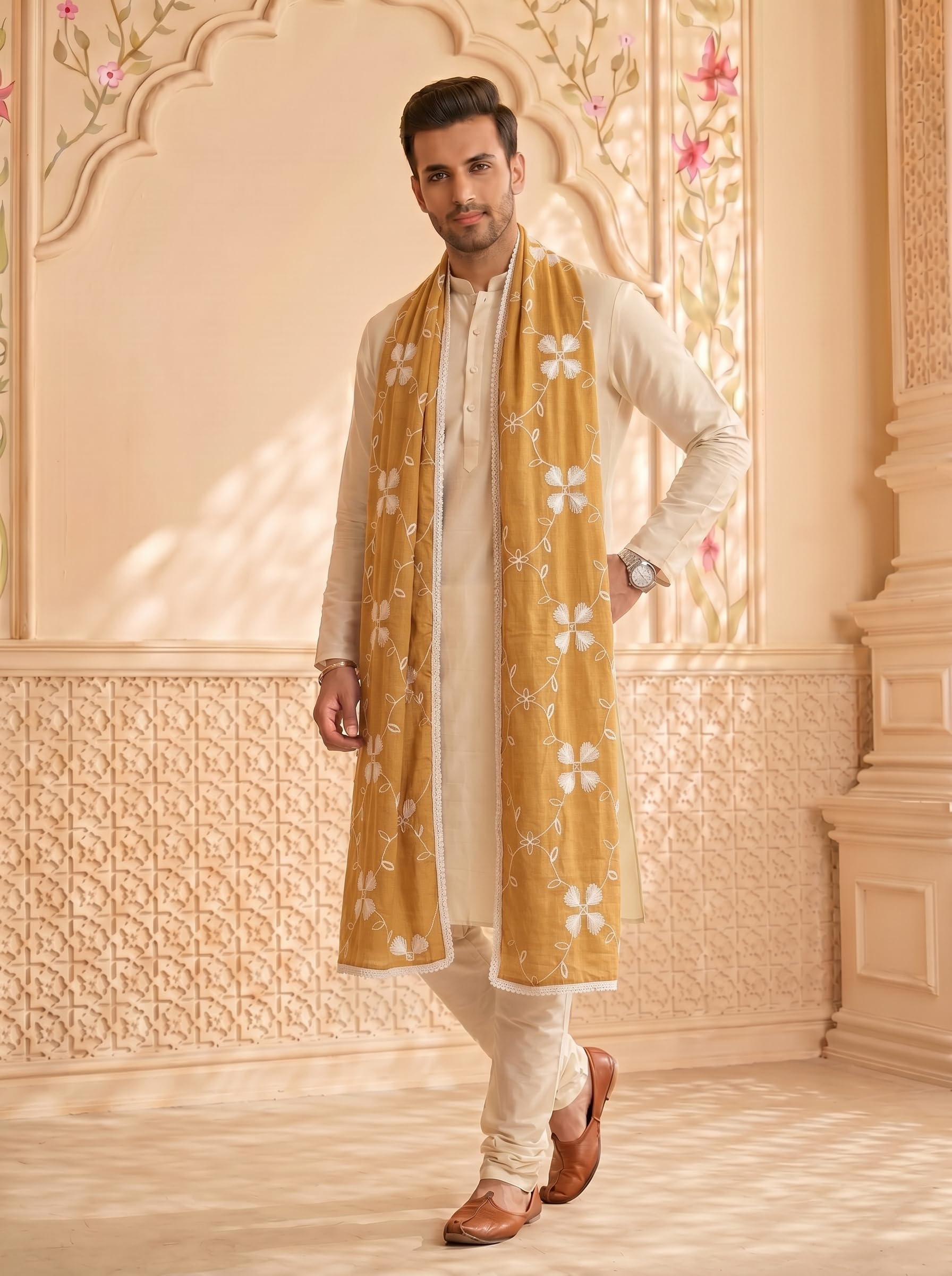 Pure Cotton Self Embroidery Dupatta for Men | Sand Beige