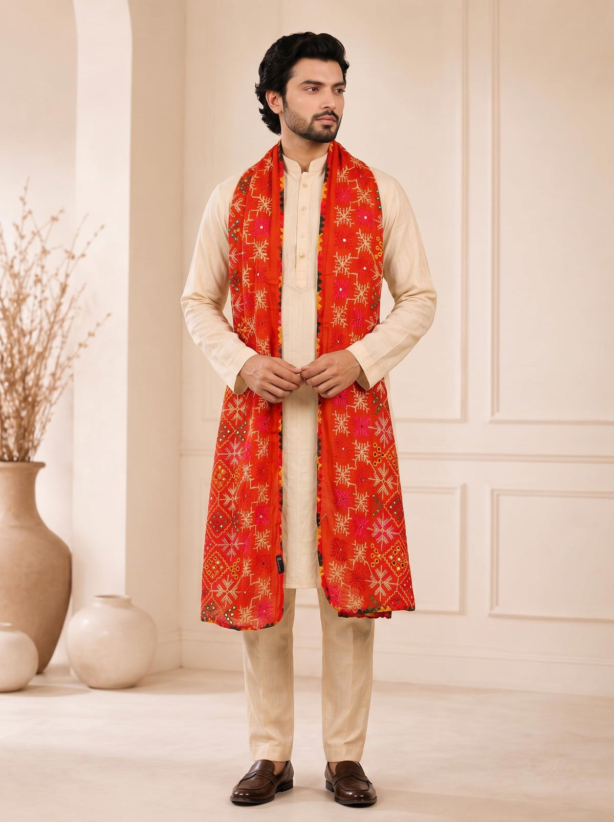 Pure Cotton Embroidered Phulkari Dupatta for Men | Red