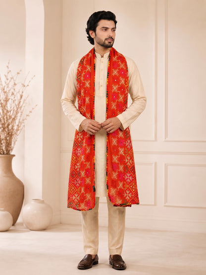 Pure Cotton Embroidered Phulkari Dupatta for Men | Red
