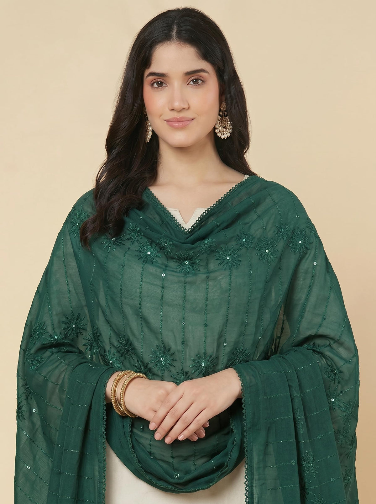 Floral Self Embroidered Chanderi Cotton Dupatta for Women | Bottle Green - view 3