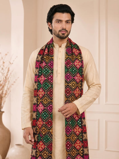 Pure Cotton Embroidered Phulkari Dupatta for Men | Black - view 5