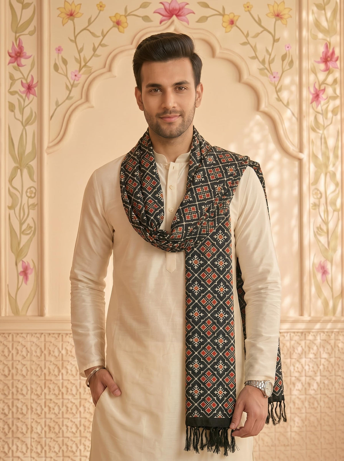 Chinnon Bandhani Dupatta for Men | Black - view 4