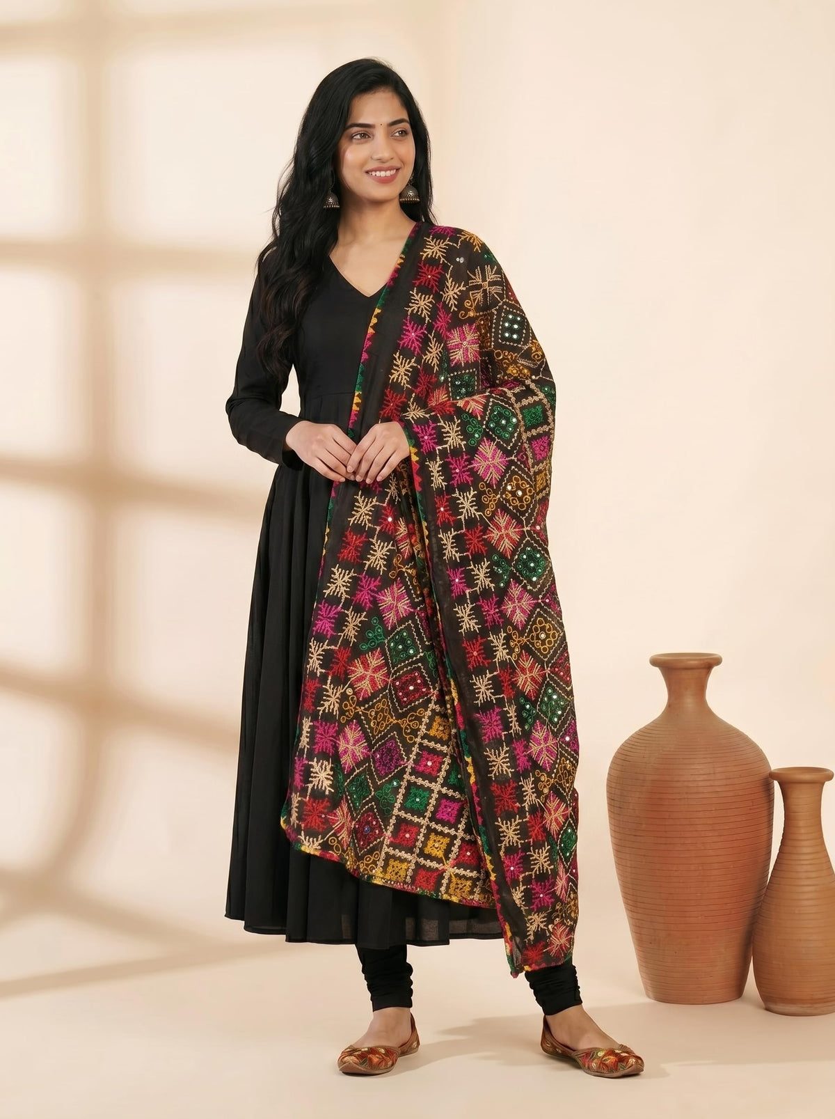 Pure Cotton Phulkari Embroidered Dupatta for Women | Black - view 4