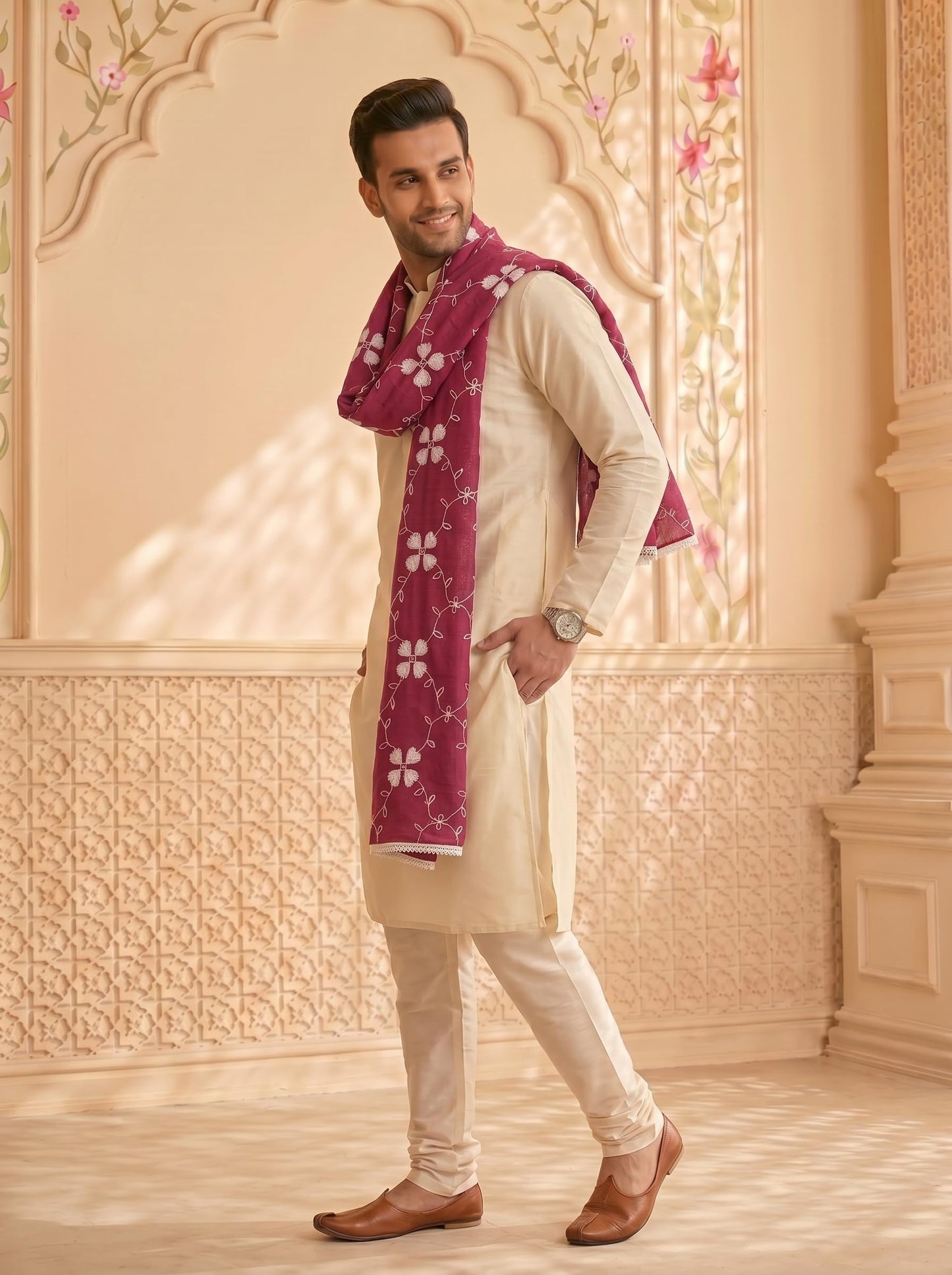 Pure Cotton Self Embroidery Dupatta for Men | Pink - view 4