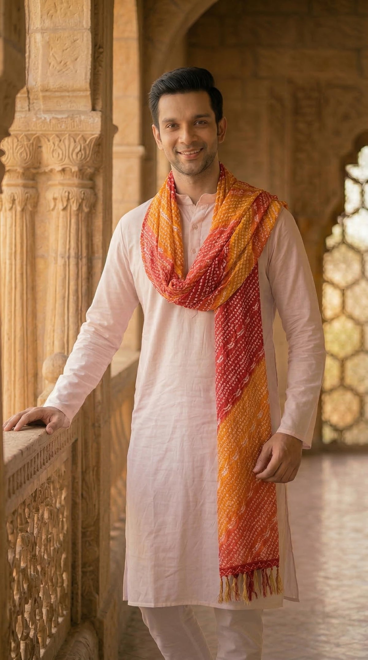 Chinnon Bandhani Dupatta for Men | Red Orange - view 2