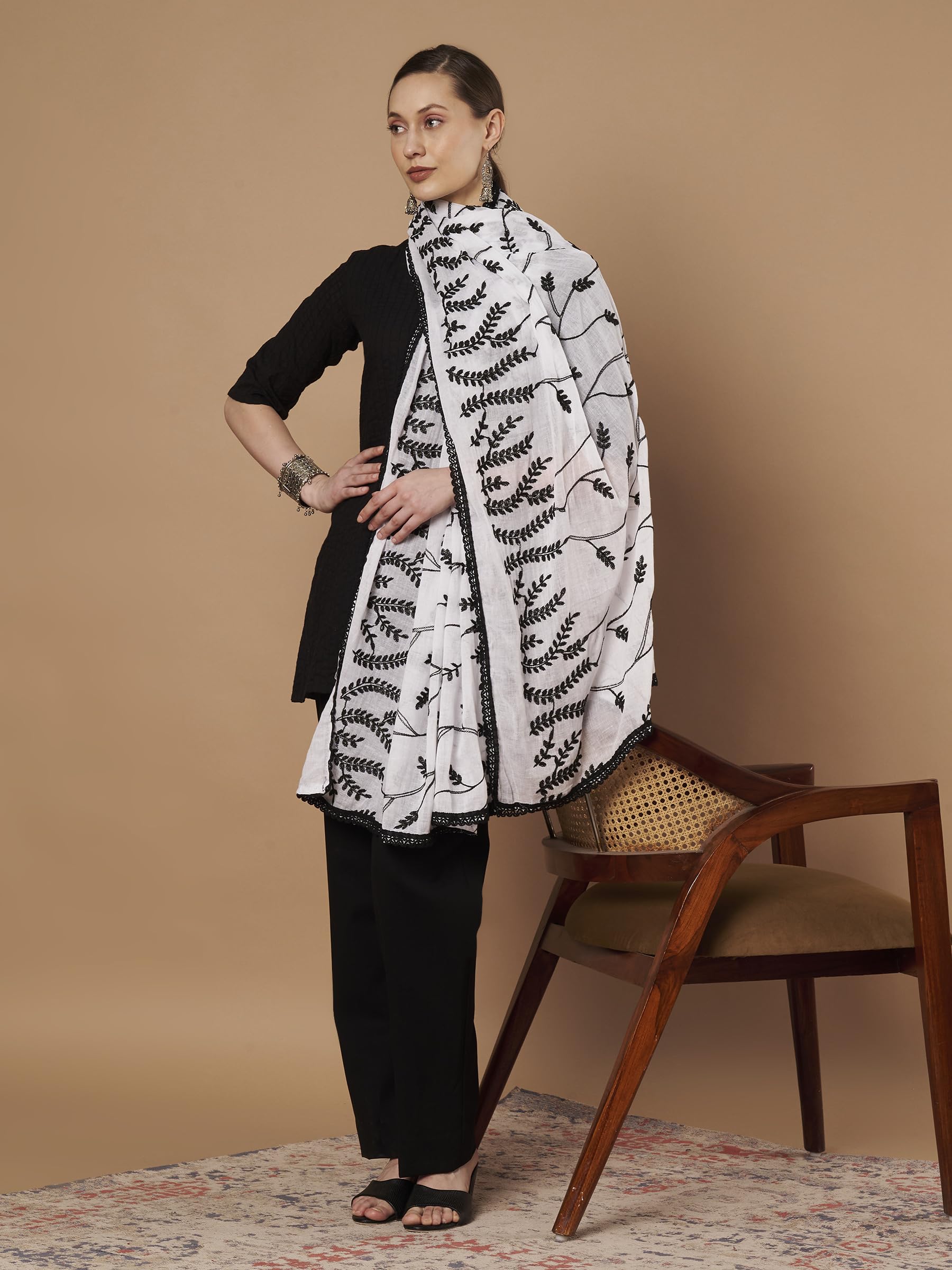 Pure Cotton Embroidery Leaf Dupatta for Women | White - view 5
